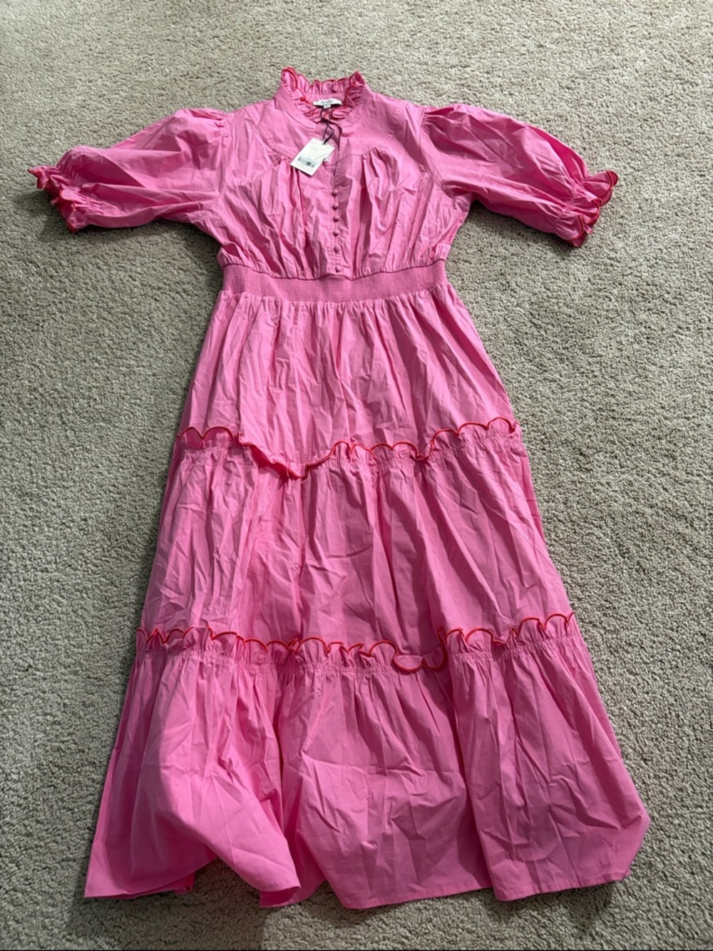 Women’s Pink Tiered Midi Dress with Ruffle Trim